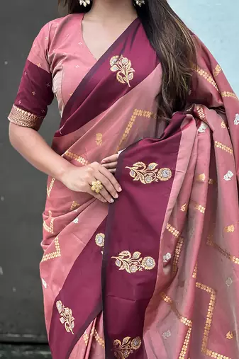 peach soft silk saree with zari woven work