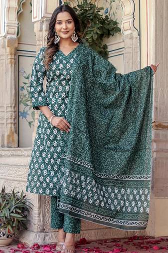 Dark green floral block print cotton straight kurta set with dupatta