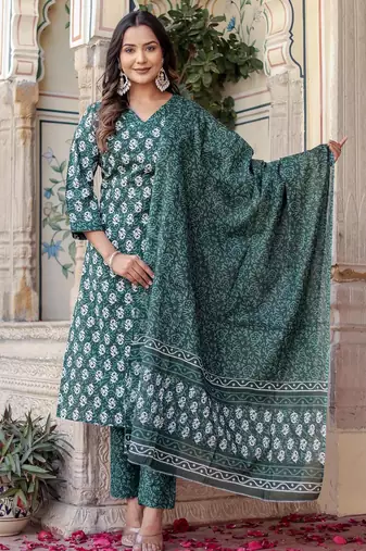 Dark green floral block print cotton straight kurta set with dupatta