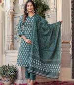 Dark green floral block print cotton straight kurta set with dupatta