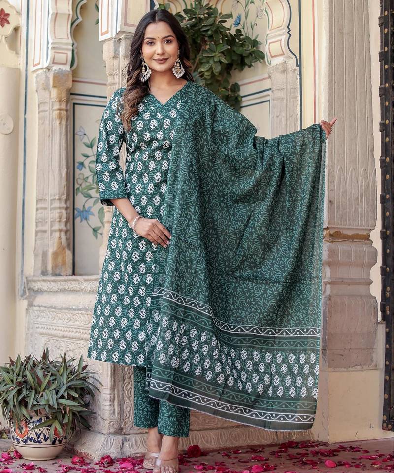 Dark green floral block print cotton straight kurta set with dupatta