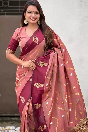 peach soft silk saree with zari woven work