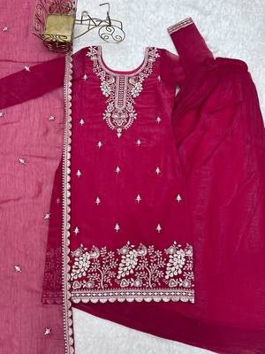 Rani pink embroidered sequins thread zari work soft crunchy silk fully stitched kurta sharara set 5