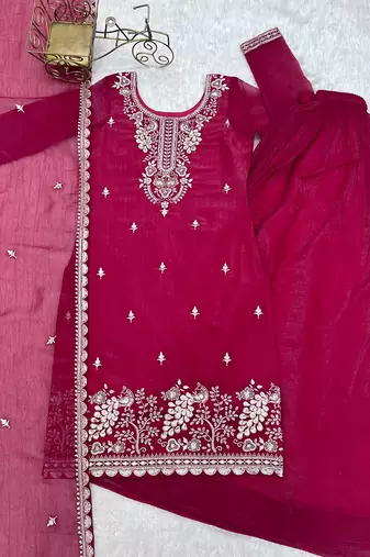 Rani pink embroidered sequins thread zari work soft crunchy silk fully stitched kurta sharara set