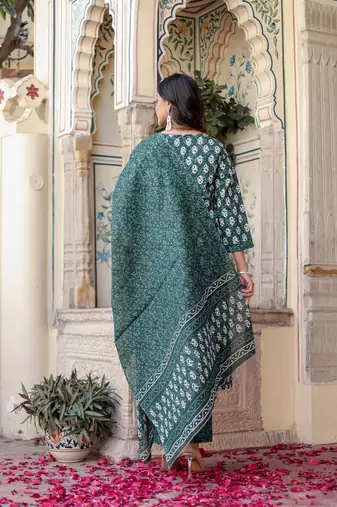 Dark green floral block print cotton straight kurta set with dupatta