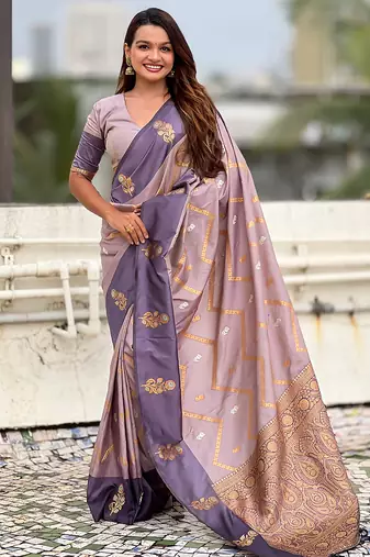 Lavender soft silk zari weaving saree with matching blouse piece