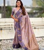 Lavender soft silk zari weaving saree with matching blouse piece