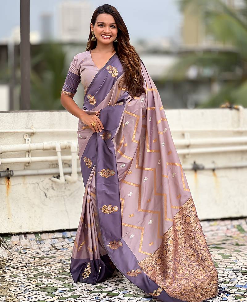 Lavender soft silk zari weaving saree with matching blouse piece