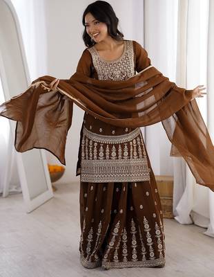 Brown embroidered dori zari work soft crunchy silk fully stitched kurta sharara set 1