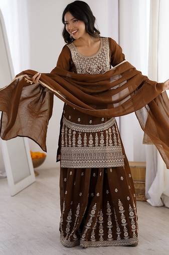 Brown embroidered dori zari work soft crunchy silk fully stitched kurta sharara set