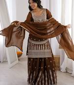 Brown embroidered dori zari work soft crunchy silk fully stitched kurta sharara set