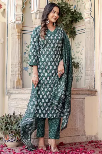 Dark green floral block print cotton straight kurta set with dupatta