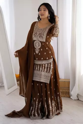 Brown embroidered dori zari work soft crunchy silk fully stitched kurta sharara set