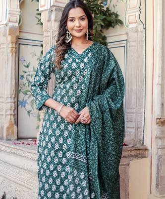 Dark green floral block print cotton straight kurta set with dupatta 4