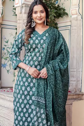 Dark green floral block print cotton straight kurta set with dupatta