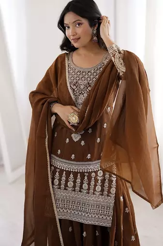 Brown embroidered dori zari work soft crunchy silk fully stitched kurta sharara set