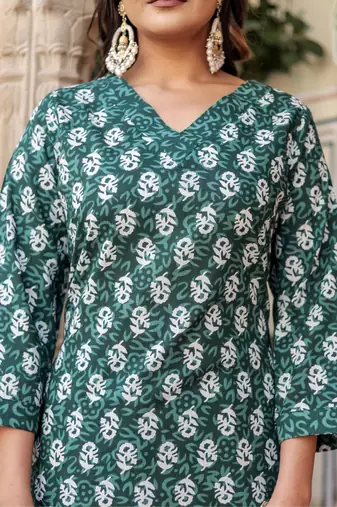 Dark green floral block print cotton straight kurta set with dupatta