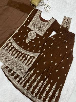 Brown embroidered dori zari work soft crunchy silk fully stitched kurta sharara set 5