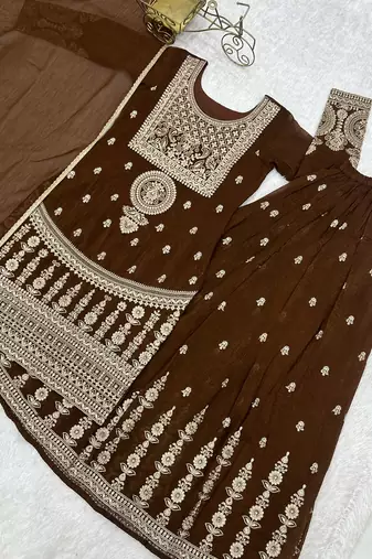 Brown embroidered dori zari work soft crunchy silk fully stitched kurta sharara set