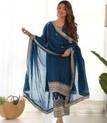 Teal blue embroidered sequins zari work pure chinon silk fully stitched kurta sharara set