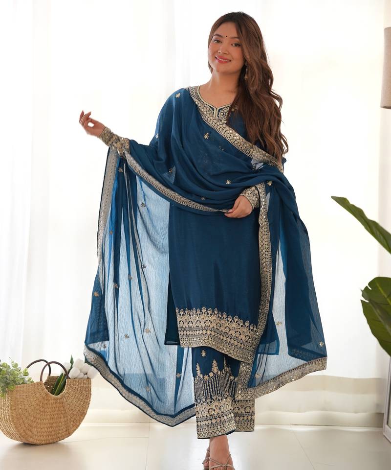 Teal blue embroidered sequins zari work pure chinon silk fully stitched kurta sharara set