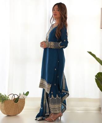 Teal blue embroidered sequins zari work pure chinon silk fully stitched kurta sharara set 2