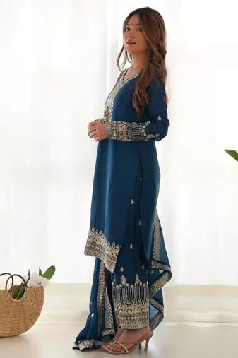 Teal blue embroidered sequins zari work pure chinon silk fully stitched kurta sharara set