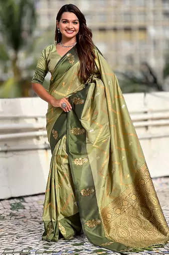 Green soft silk zari weaving saree with matching blouse piece