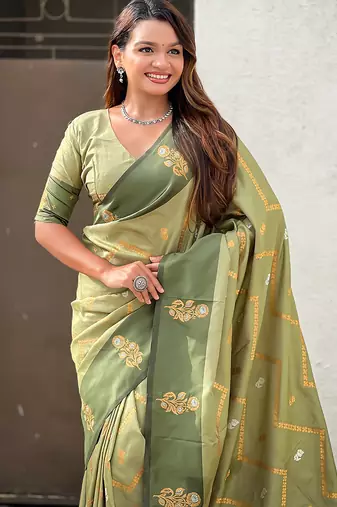 green soft silk saree with zari woven work