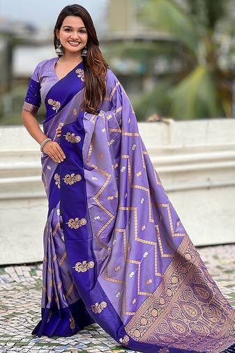 Purple soft silk zari weaving saree with matching blouse piece