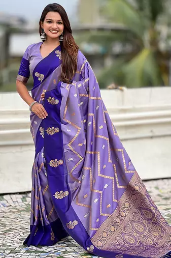 Purple soft silk zari weaving saree with matching blouse piece