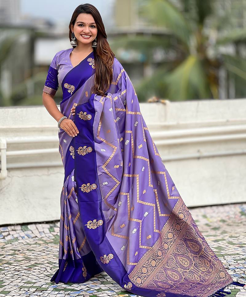 Purple soft silk zari weaving saree with matching blouse piece