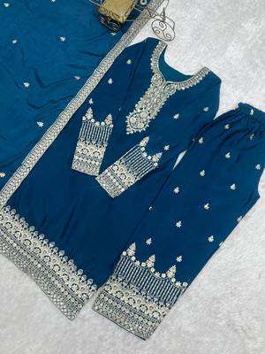Teal blue embroidered sequins zari work pure chinon silk fully stitched kurta sharara set 5