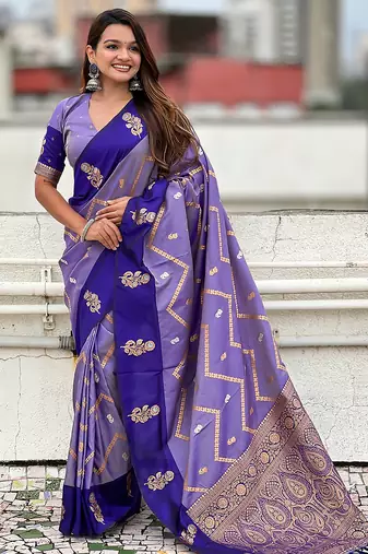 purple soft silk saree with zari woven work
