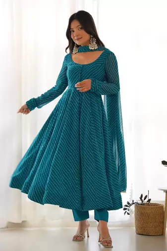 Teal green leheriya printed fox georgette fully stitched flared anarkali suit set