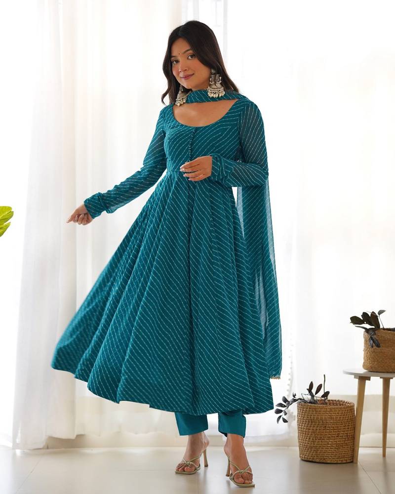 Teal green leheriya printed fox georgette fully stitched flared anarkali suit set