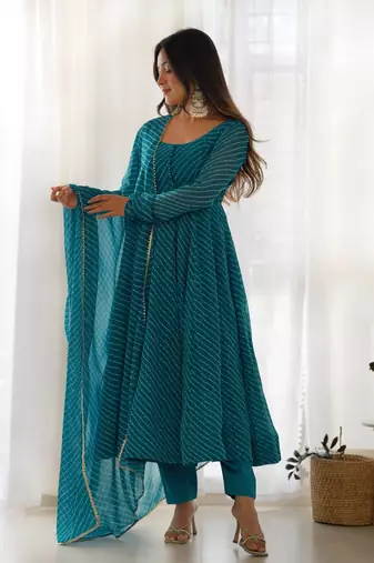 Teal green leheriya printed fox georgette fully stitched flared anarkali suit set