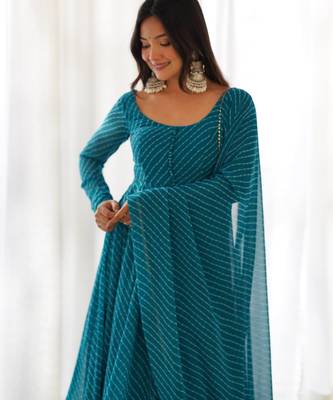 Teal green leheriya printed fox georgette fully stitched flared anarkali suit set 3