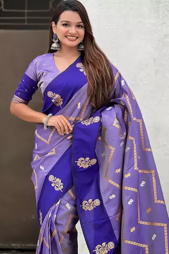purple soft silk saree with zari woven work