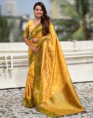 yellow soft silk saree with zari woven work 1