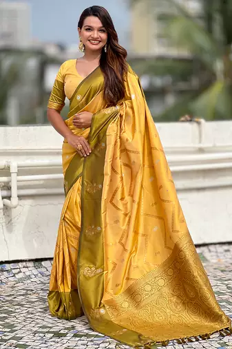 Yellow soft silk zari weaving saree with matching blouse piece
