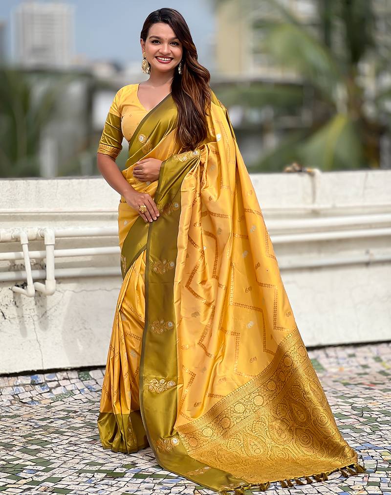 Yellow soft silk zari weaving saree with matching blouse piece