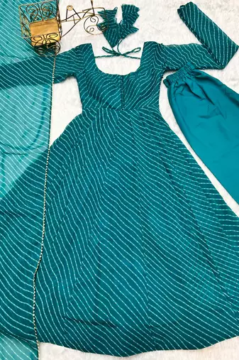 Teal green leheriya printed fox georgette fully stitched flared anarkali suit set