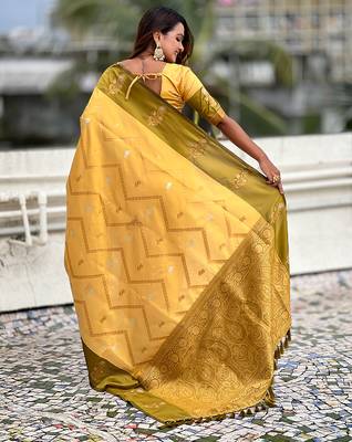yellow soft silk saree with zari woven work 2