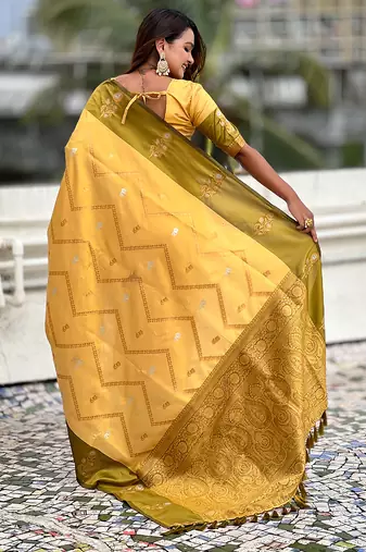 yellow soft silk saree with zari woven work