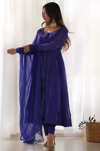 Royal blue leheriya printed fox georgette fully stitched flared anarkali suit set