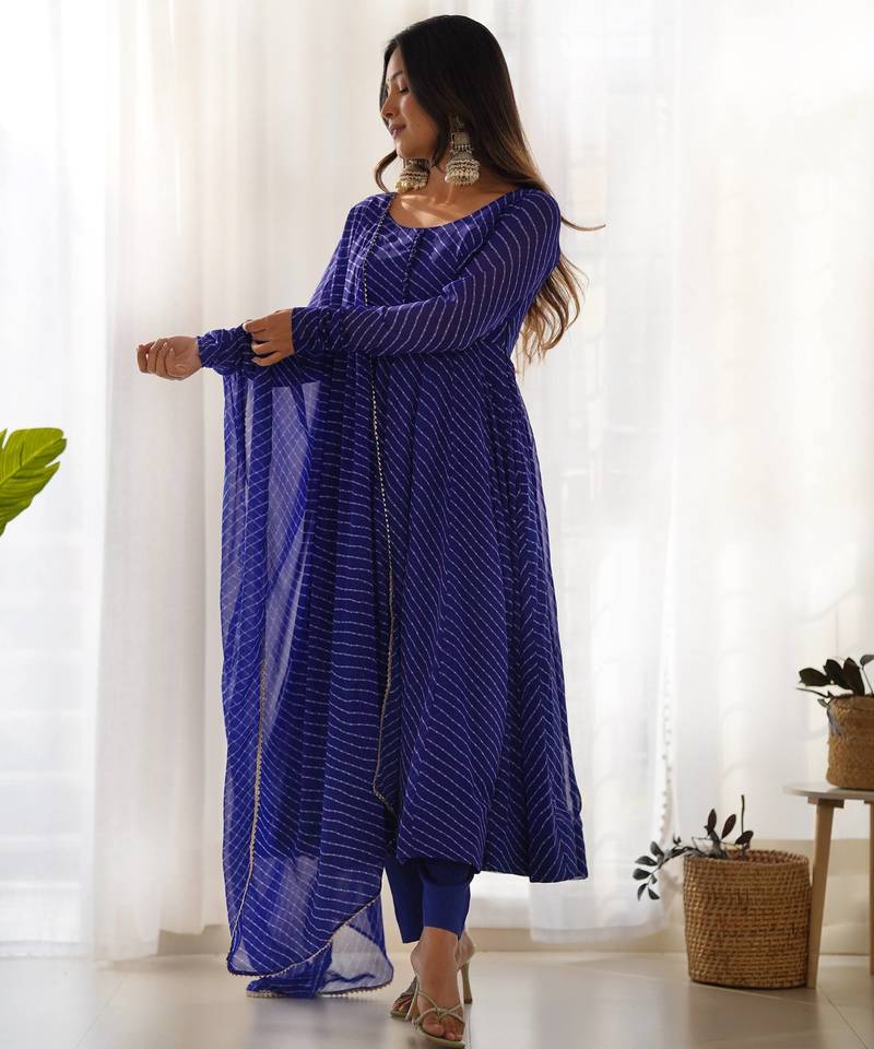 Royal blue leheriya printed fox georgette fully stitched flared anarkali suit set