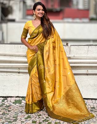 yellow soft silk saree with zari woven work 3