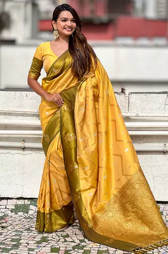yellow soft silk saree with zari woven work