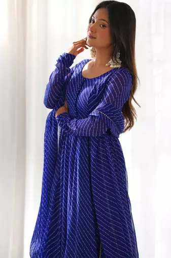 Royal blue leheriya printed fox georgette fully stitched flared anarkali suit set